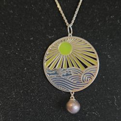 Sterling Silver Enamel Ocean Sunrise & Peacock Pearl Necklace (NEW)