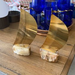 2 Vintage MCM DeMott Brass Sailboats On Geode Base
