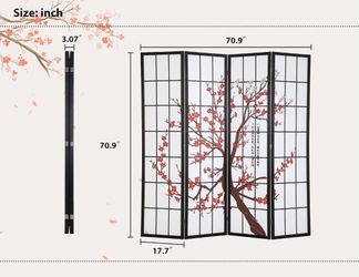 4 Panel Traditional Asian Sakura Room Divider and Folding Privacy Screen