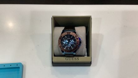 GUESS Watch Copper Bezel / Brown Leather Strap / Blue plated stainless steel case / Brown Dial W0674G5