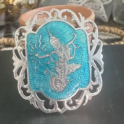VINTAGE SIAM STERLING SILVER BROOCH WITH BLUE ENAMEL SIAMESE KHON DANCER ~ 2"