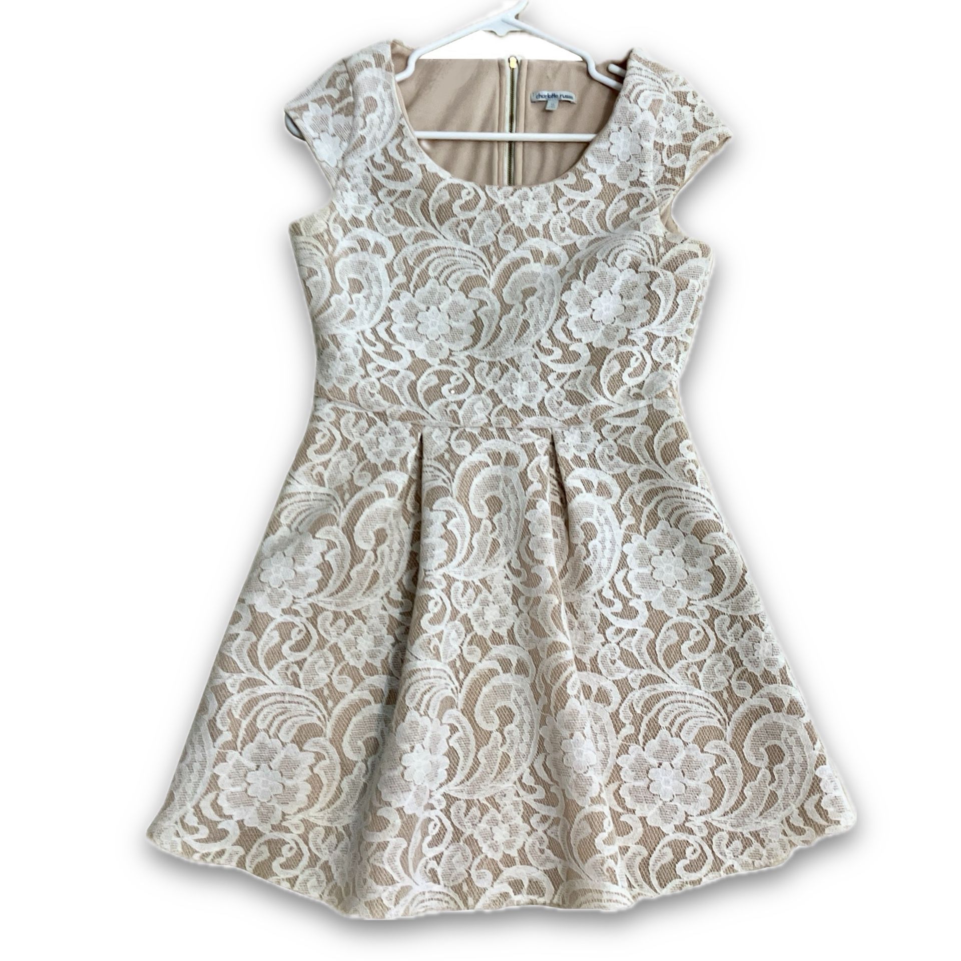 Charlotte Russe Beige Mini Dress With Cream Lace Overlay