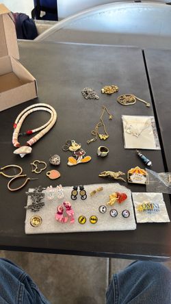 Earrings, necklace, shell, and pins