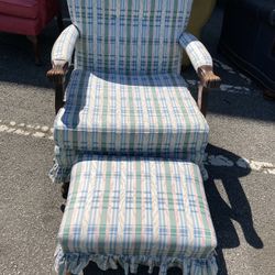 Blue/Green/White Chair W/ Ottoman