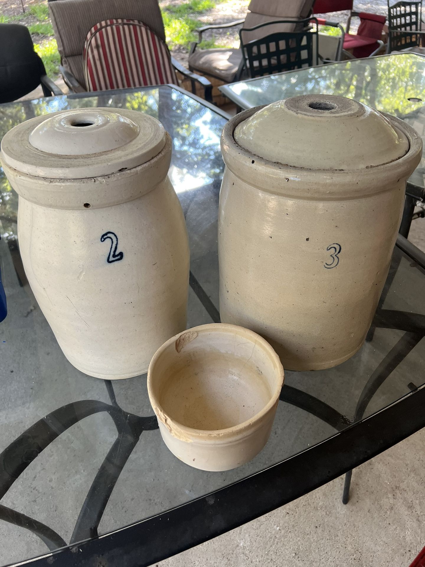 Antique Butter Churns And Small Crock 19th And 20th Century
