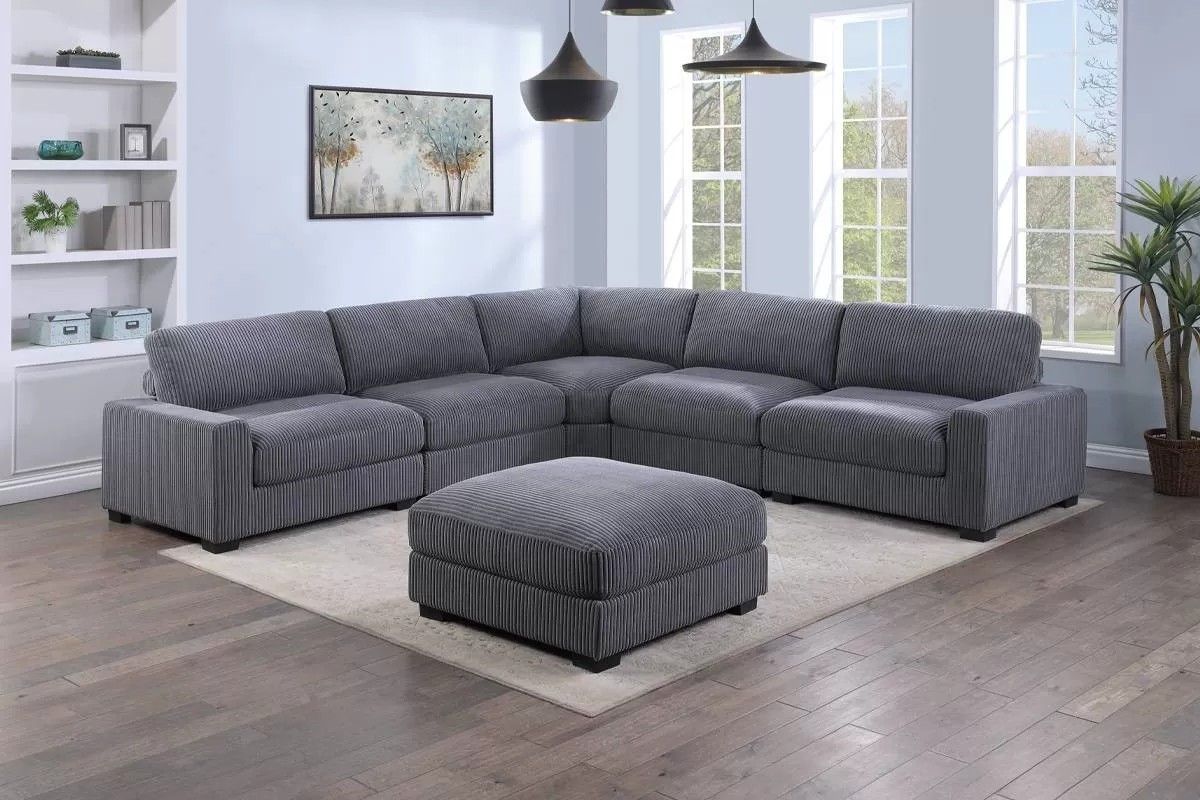Brand New Grey Super Plush Corduroy Modular Sectional Sofa w Ottoman
