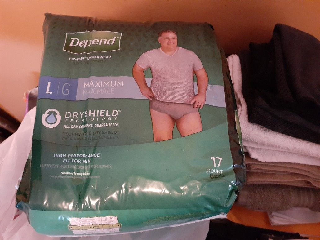 Mens Depends L/G New In Sealed Package. 17 Count