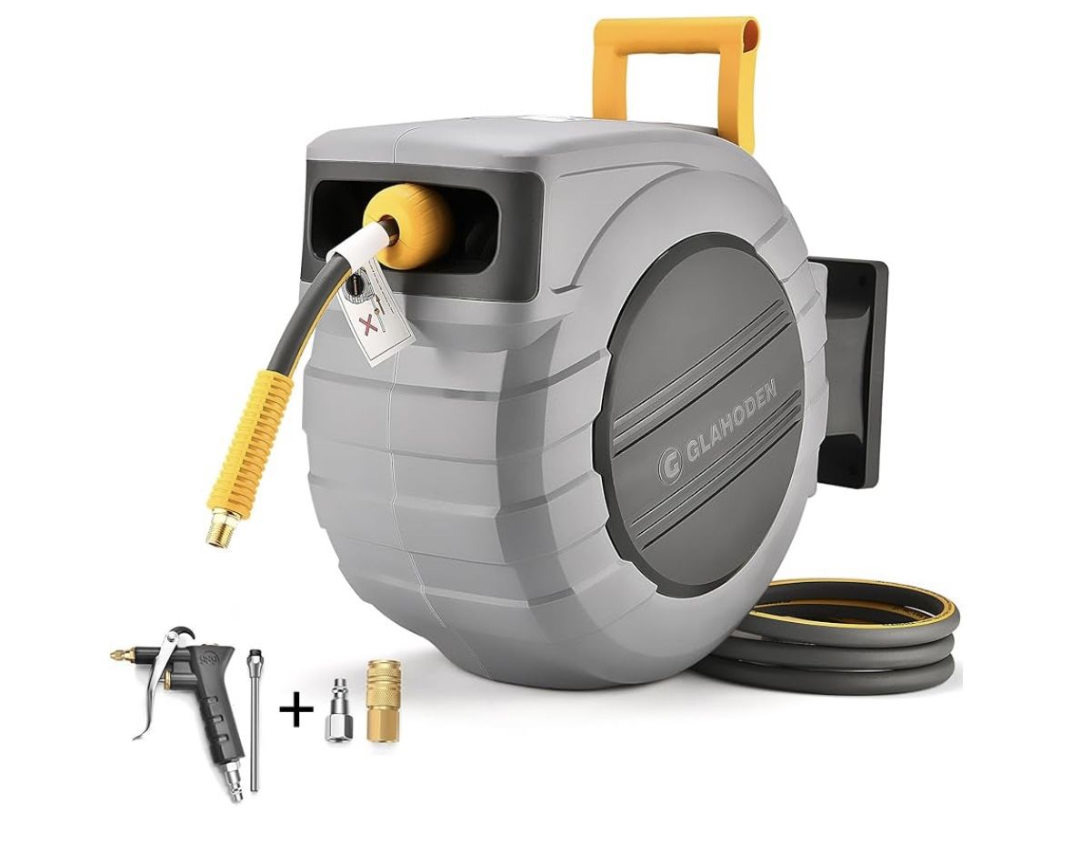GLAHODEN Air Hose Reel 100 Ft Retractable, 3/8 in x 100 Ft Hybrid Hose Air Compressor Hose Reel with 6 Ft Lead in Max 300 PSI Patented Design for Any 