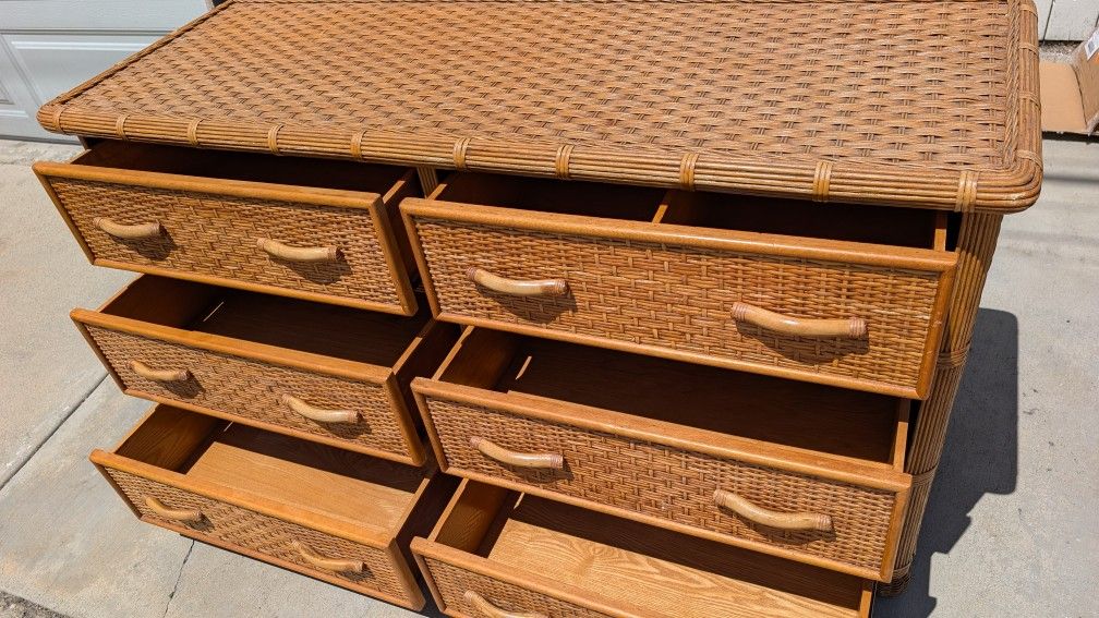 Vintage Bamboo Dresser 6 Drawers Great Condition Wardrobe Closet Clothing Storage Boho Tiki