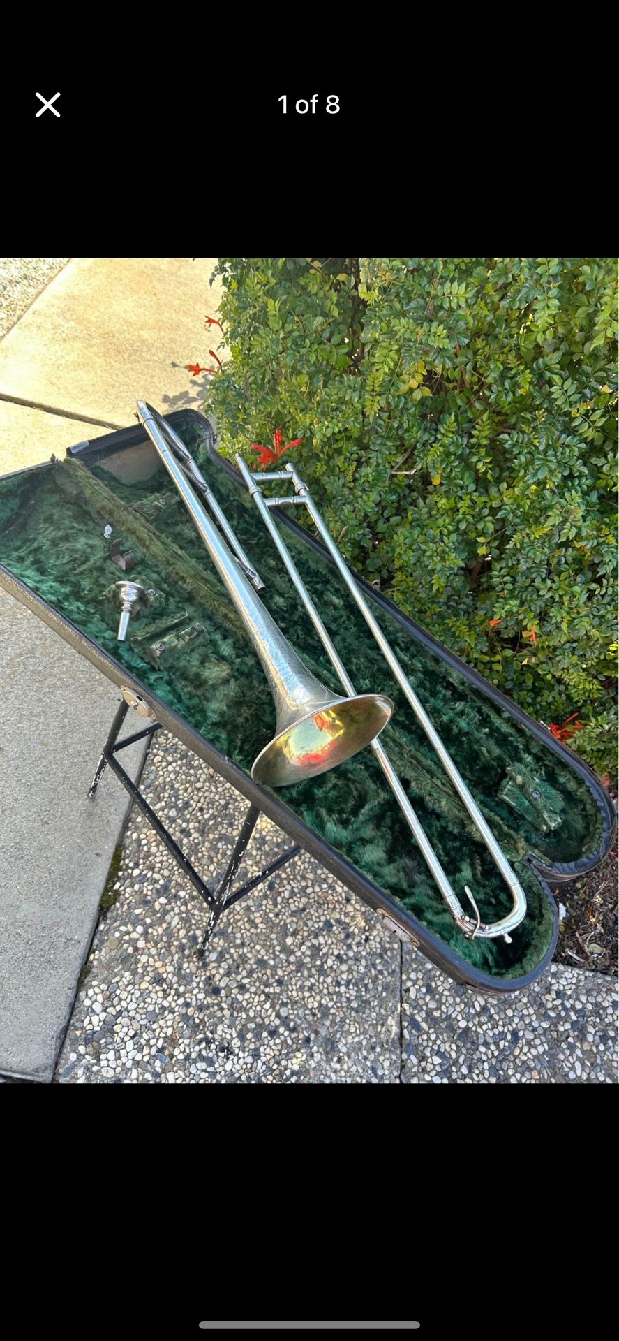 Beautiful 😻 Antique Silver Elkhart Indiana Trombone Etched w Mouthpiece 💙