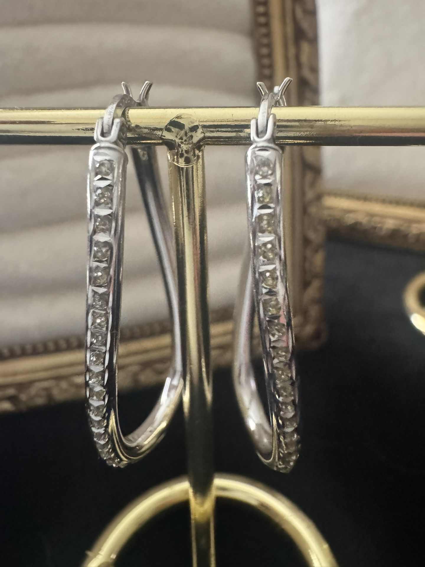 Sterling Silver ~2.4MM Wide Diamond Dust Curved Oval Hoop Earrings