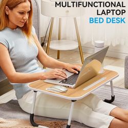 BUYIFY Folding Lap Desk, 23 Inch Portable Wood Yellow Laptop Bed Desk Lap Desk with Cup Holder, for Working Reading Writing, Eating, Watching Movies f