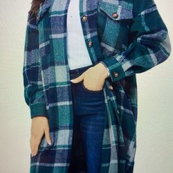 Women’s Long Plaid Shacket Button Down Long Sleeve Coat With Pockets Size 2 Xl