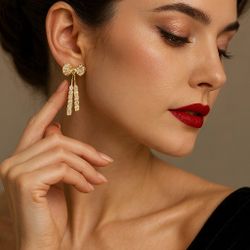 Luxurious Gold Bow Tassel Earrings for Women – Elegant Long Cubic Zirconia Drop