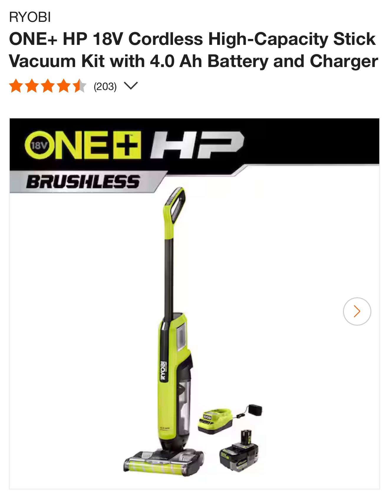 RYOBI ONE+ HP 18V Cordless High Capacity Stick Vacuum Kit with