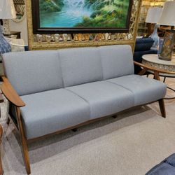 Mid-Century Modern Grey Sofa with wood arms