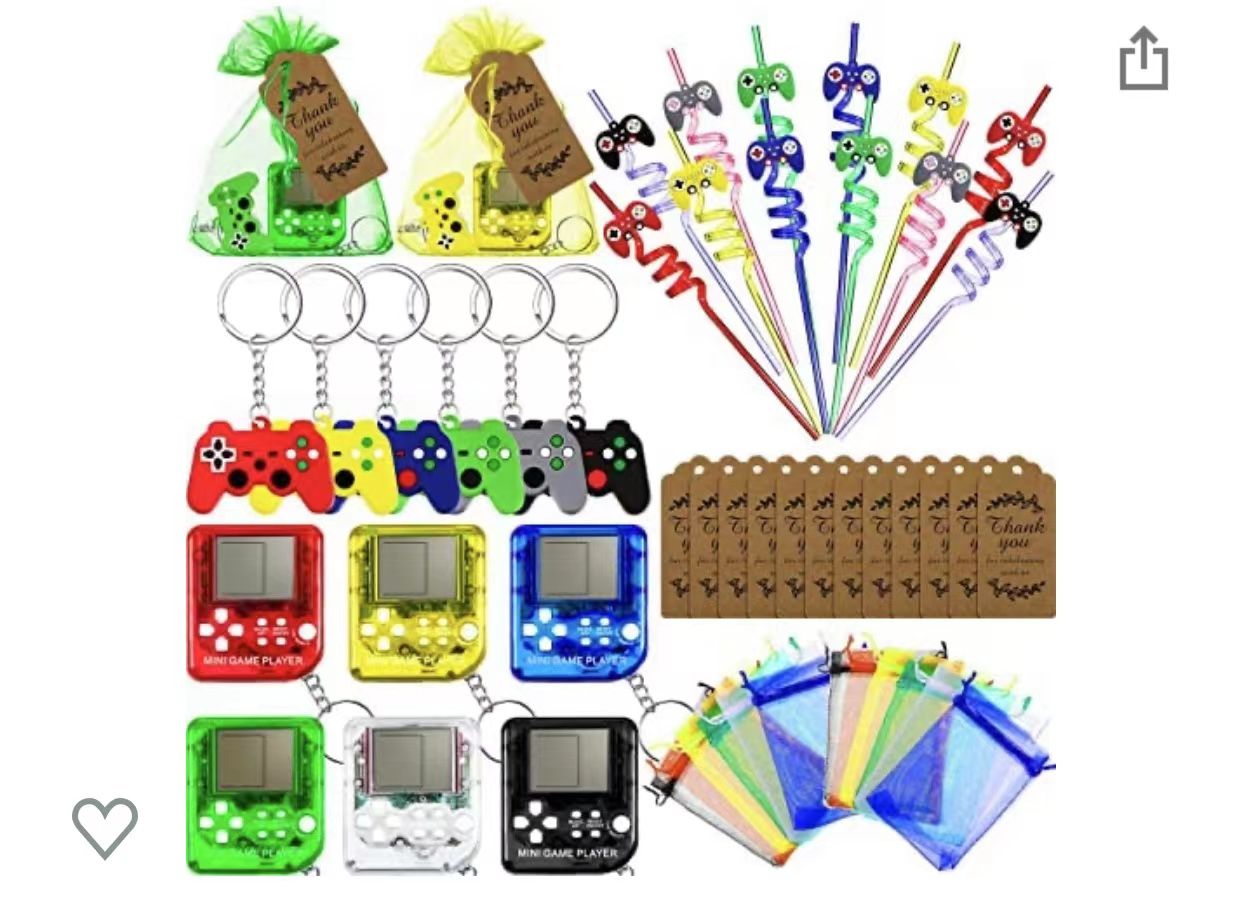 48 Pieces Brick Game Keychain Set Includes 6 Brick Game Consle Keychain,12 Video Game Straws and 6 Video Game Controller Keychains with 12 Thank You K