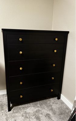 IKEA 5-Drawer Dresser – Black/Brown with Brass Knobs – Excellent Condition