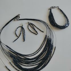 Black Bead Necklace Bracelet And Earrings