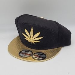 Gold Weed Emblem Black Snap Back Baseball Cap, Gold Brim - Never Worn, Sun Faded