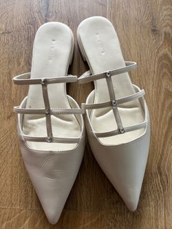 Cream Pointed-Toe Mule Flats with Rhinestone T-Strap - Size 37 - New