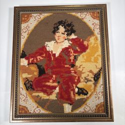 Vintage Framed Needlepoint Art Colonial Gentleman Portrait Hand Stitched Decor
