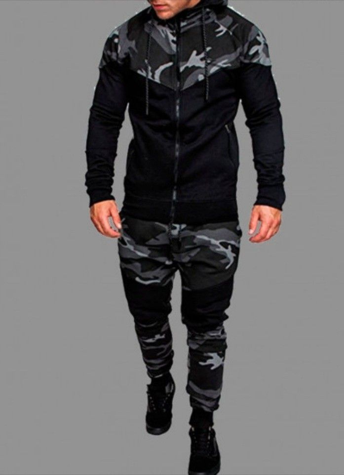 Hooded Collar Zipper Design Camo Two-piece Pants Set