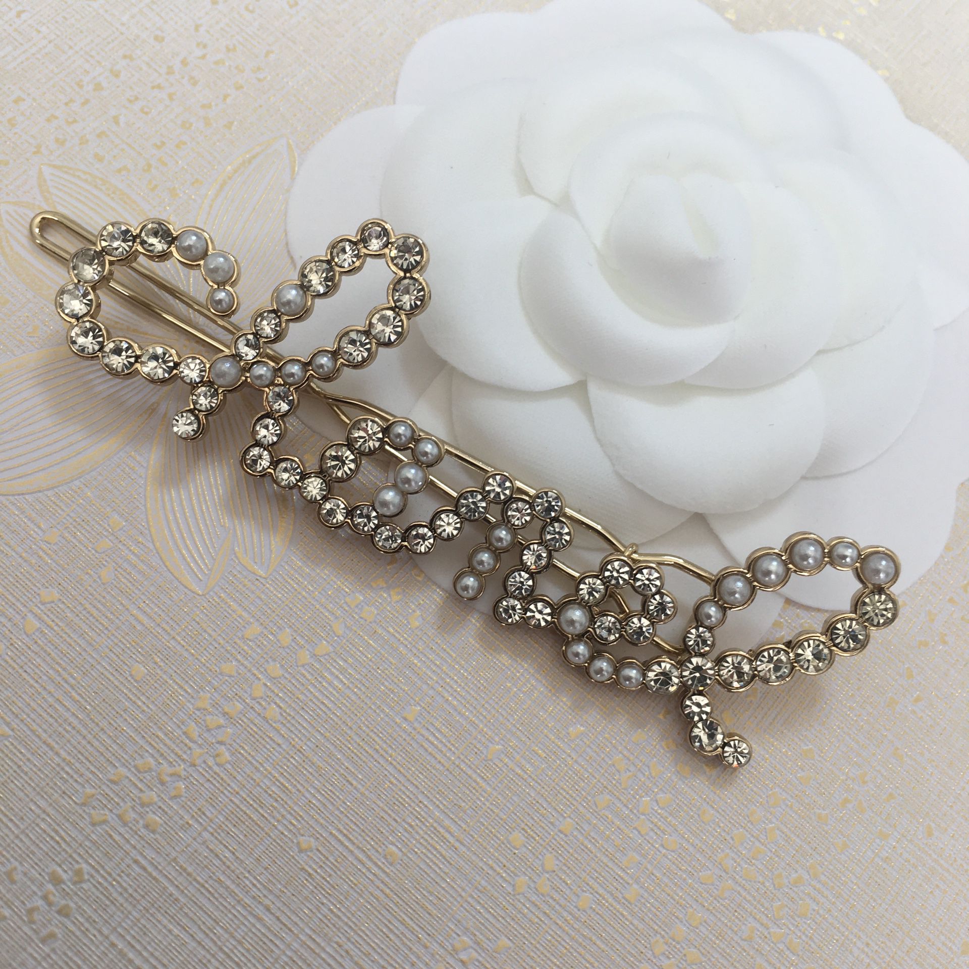 CHANEL Script Hair Clip/ Barette Pearls & Crystals - Timeless Luxuries