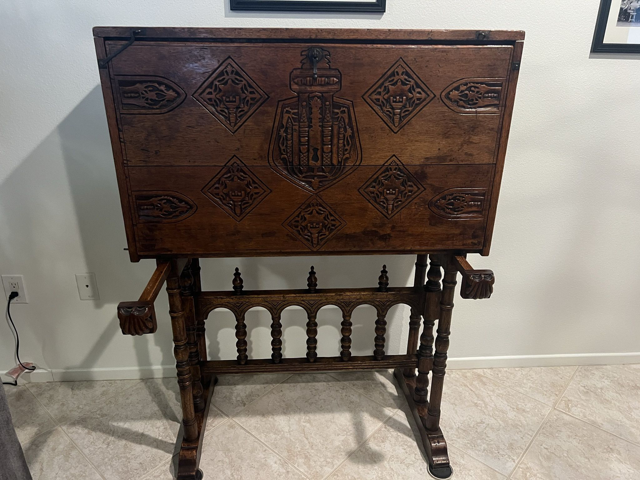 Vintage Hand Carved Pull down Desk