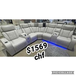 117"W Ice Leather Aire Transformer Power Reclining Sectional Sofa with Power Headrest, Bluetooth Speakers, LED Lights, USB Ports, Storage & Cupholders