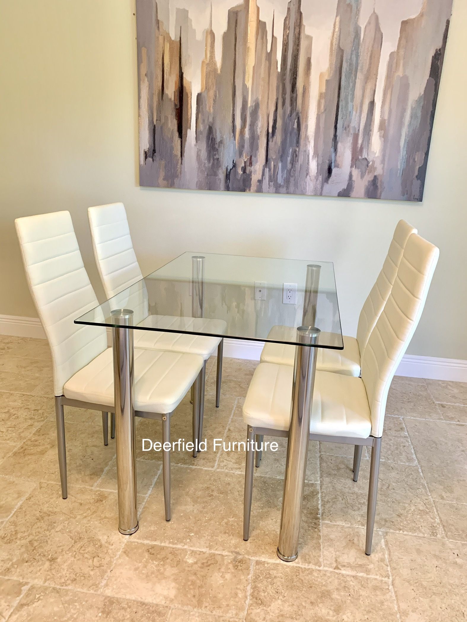 New White Dining Table Set with Tempered Glass Top Table & 4 Chairs - Dining Furniture Set