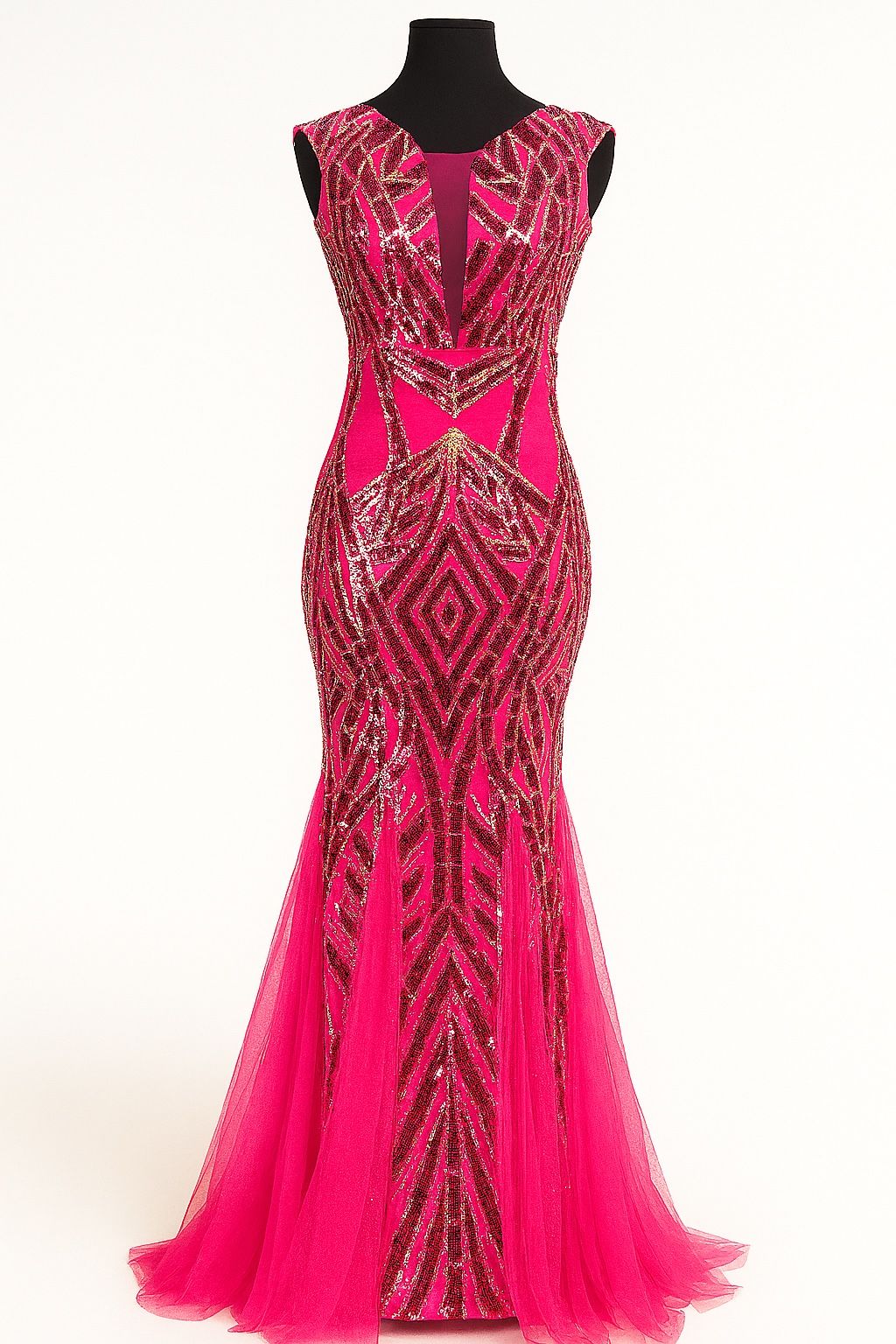 Hot Pink Mermaid Gown with Geometric Sequins – Elegant Off-Shoulder Tulle Train Evening Dress-XS