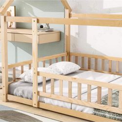 Full Size Floor Wooden Bed with House Roof Frame, Fence Guardrails,Nartural 