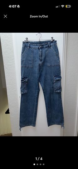 High Waist Denim Blue Cargo Jeans