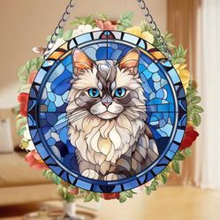 Acrylic cat suncatcher: Blue stained glass