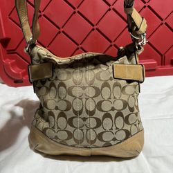 Coach Signature Brown Tan Canvas Buckle Strap Convertible Duffle Crossbody Bag