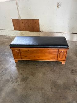 Vintage Cedar Tone Wood Storage Chest with Black Upholstered Top