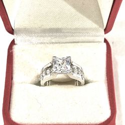 Brand New Princess Cut Cz Diamond Set And A Silver Engagement Ring. Size 5.