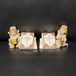 Set of 2 Vintage Angel Figurine Accordion Trombone Embossed Cross Gold Book Floral