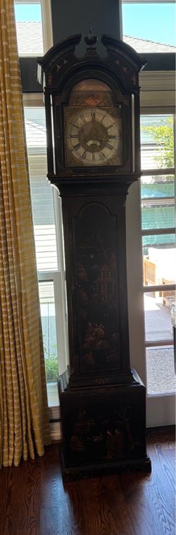 Antique Chinoiserie Black Japanned Grandfather Clock / Longcase Clock