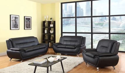 Modern style black leather three piece couch set