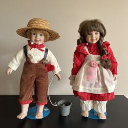 MYD Marian Yu Designs Jack Jill Porcelain Dolls 14 Inch Vintage Pig Plush Bucket