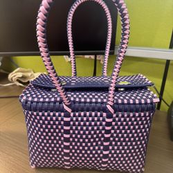 MEXICAN FOLK ART ARTISAN HANDMADE RECYCLED PLASTIC WOVEN PURSE TOTE SQUARE BOX