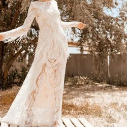 Boho Tassel Adorned Lace Wedding Gown