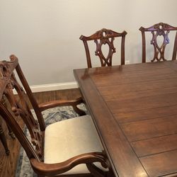 Heavy Wood Table, 2 Leaves And 5 Chairs 