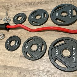 NEW Olympic Red Curl Bar With Pairs From 5s To 25s [total: 105 lbs)