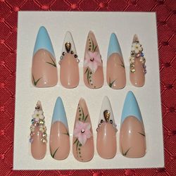 Press-On Nails | X-Long Stilletto | Beige w/ White, Light Blue Tips & 3D Flowers (#14)