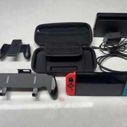 Nintendo Switch OLED Console Bundle – Red/Blue Joy-Con, Dock, Grips, Case, & 128GB microSD