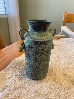Metal vase with handles & hanging bells. India. Turquoise. Southwest/ rustic/ vintage. 8.5 x 5 inch.