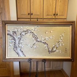 Antique Signed Japanese Birds And Cherry Blossoms Oil Painting 